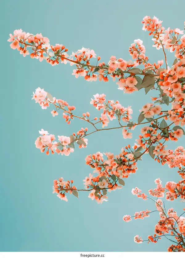 Peach Blossom Tree Branches Against Blue Sky