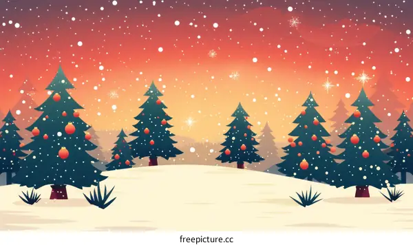 Snowy Christmas Landscape with Decorated Pine Trees