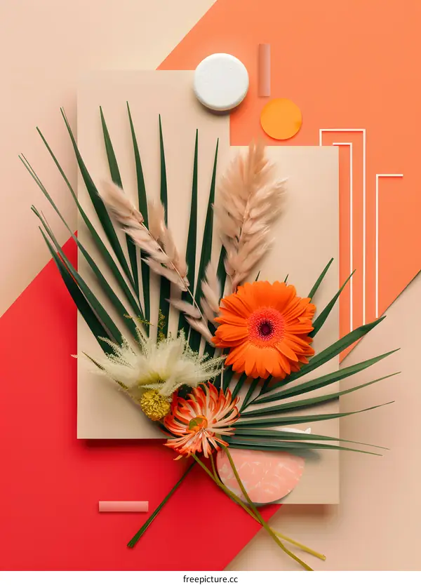 Orange Flower and Tropical Leaf Bouquet on Abstract Background