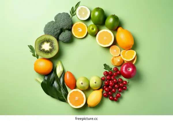 Various fruits and vegetables arranged in a circle on a green background