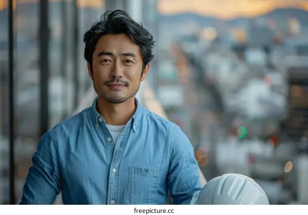 Portrait of a Japanese construction worker wearing a hard hat