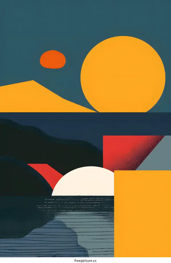Abstract Geometric Landscape with Sun and Mountains