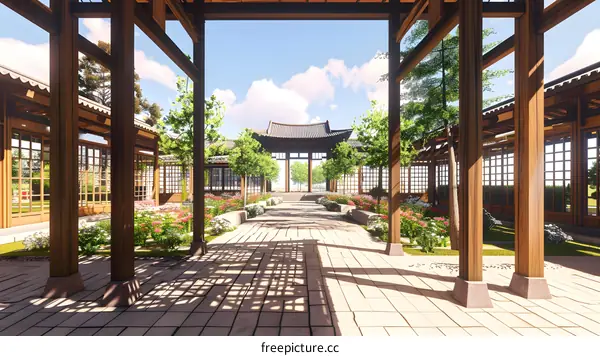 Traditional Chinese Garden Architecture with Wooden Pillars and Pathway