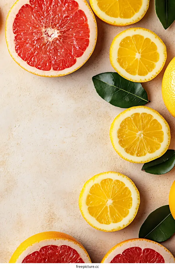 Fresh Slices of Grapefruit and Lemon on Beige Background