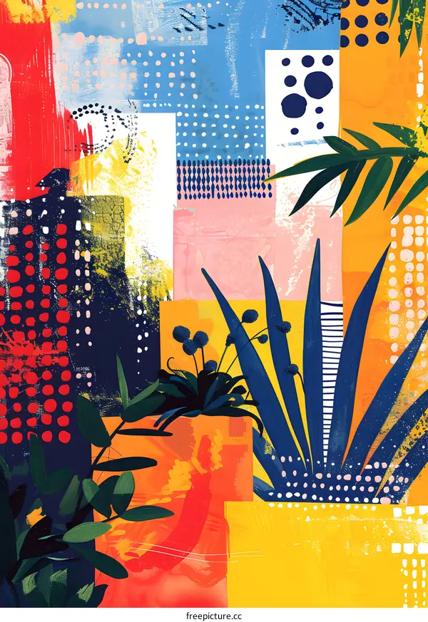 Abstract Collage with Tropical Plants and Bold Colors