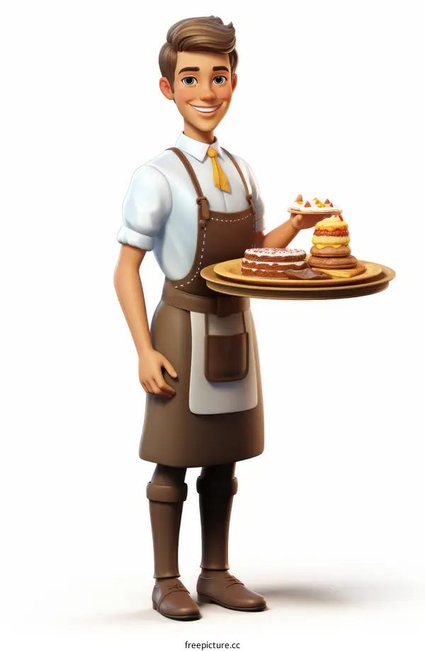 Cartoon illustration of a baker holding a tray of pastries