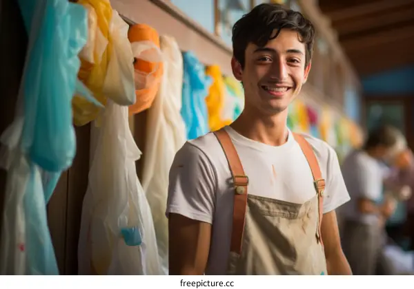 Portrait of a smiling young male artist in a studio with colorful plastic sheets hanging in the background