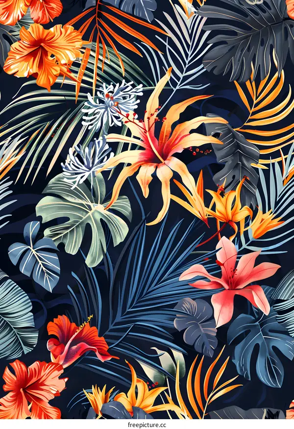 Tropical Floral Pattern With Blue Background