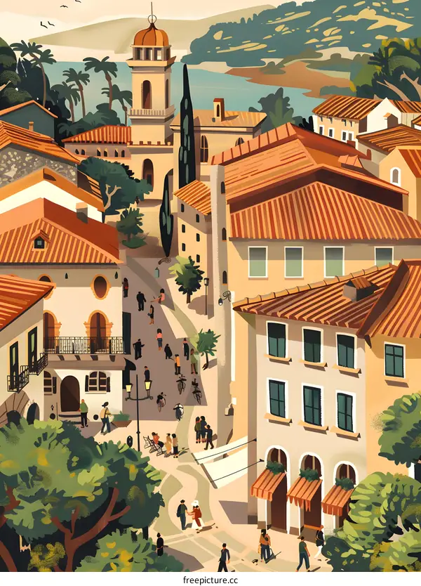 Charming Italian Town With Red Roofs and People Walking in the Street