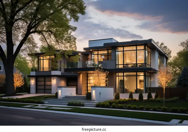 Modern Two-Story House with Flat Roof and Large Windows