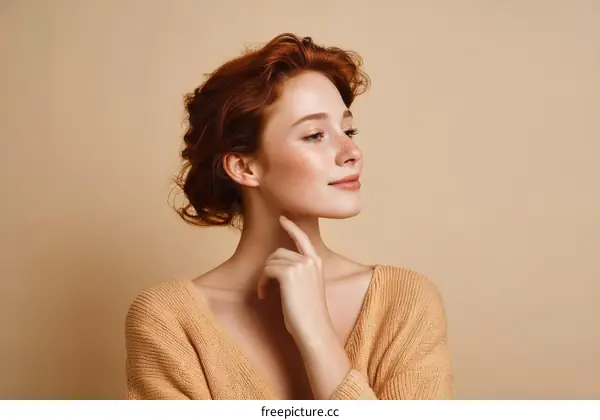 Beautiful Woman with Red Hair in a Beige Sweater
