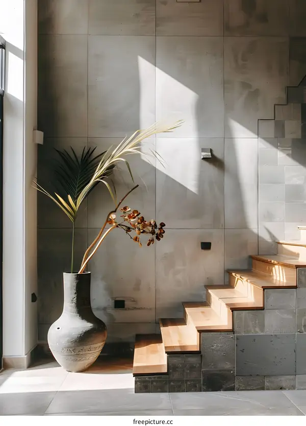 Minimalist Interior Design with Concrete Wall and Wooden Stairs