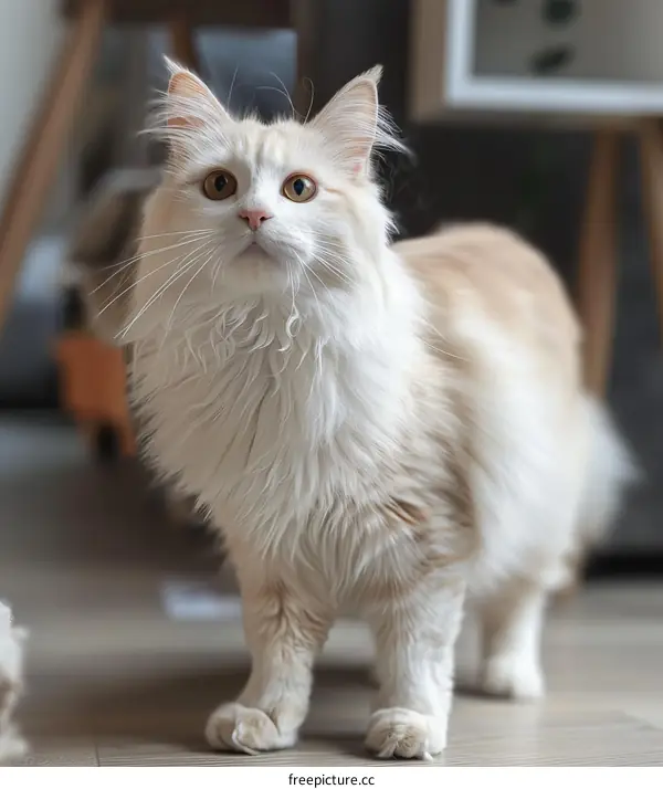 A ginger cat is standing on the floor and looking up