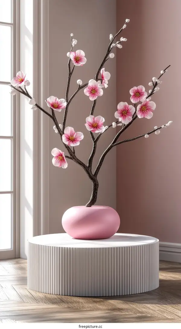 Pink Blossom Arrangement on White Pedestal