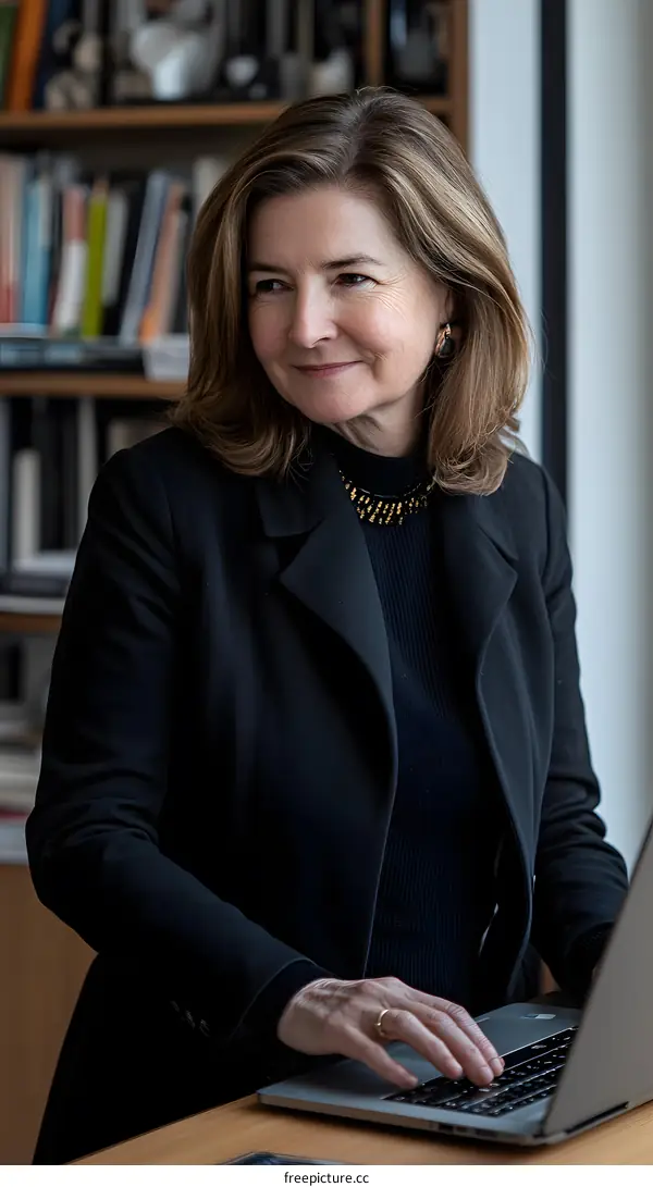 Woman in Black Blazer Using Laptop in Office Setting