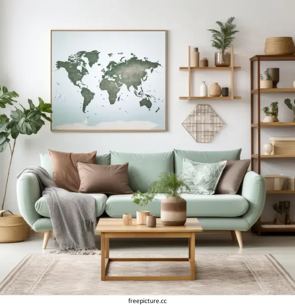 Modern Living Room with World Map Wall Art
