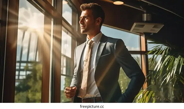 A young professional looking out the window