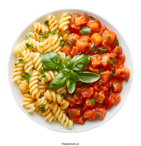 [Transparent Background PNG]Plate of pasta with tomato sauce and basil