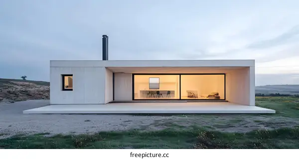 Modern Concrete House with Large Windows in Field