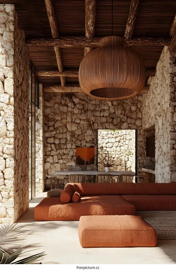 Modern Stone Interior Design with Wooden Beams and a Large Light Fixture