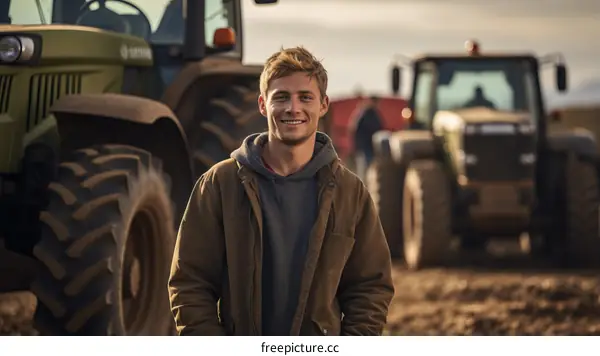 Young farmer standing in front of his tractors
