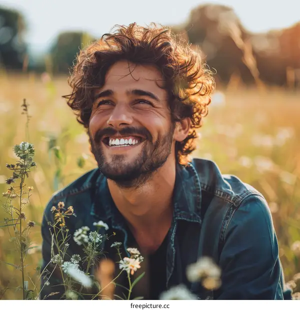 Happy Man in a Field of Flowers