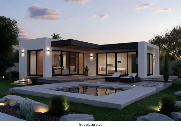 Modern Minimalist House with Swimming Pool and Backyard Landscape