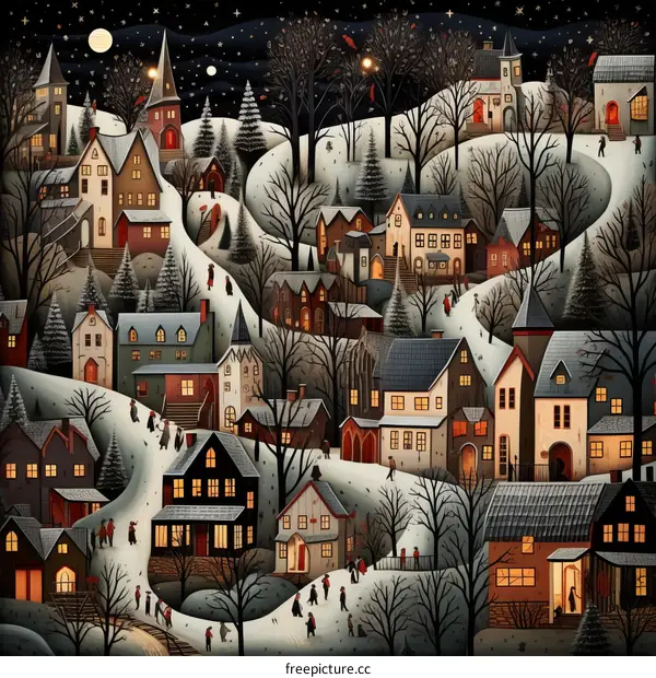 A snowy village scene with people walking around