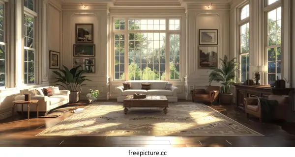 Luxury villa living room with large windows and plenty of natural light