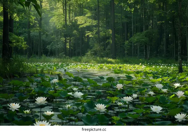 A beautiful pond in the middle of a forest with white flowers and green leaves