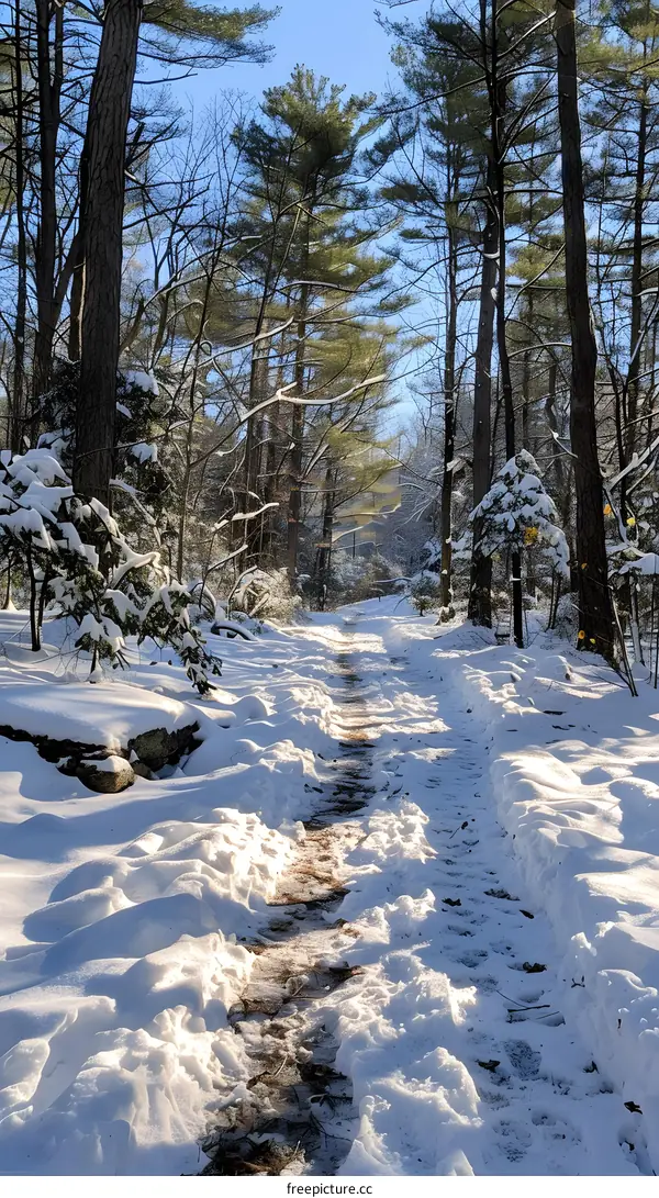 A snow-covered path through the woods