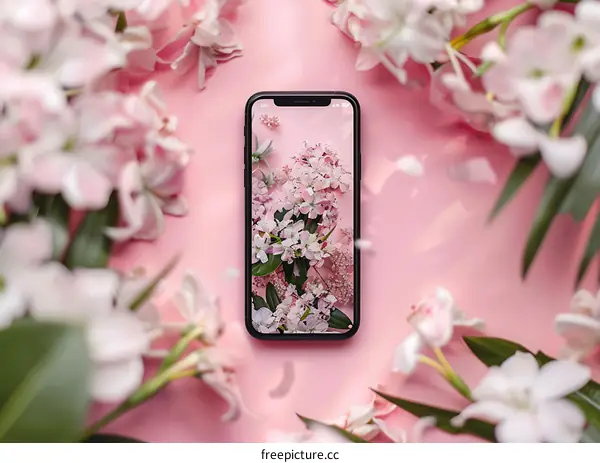 Pink Flowers Surrounding A Smartphone With A Floral Wallpaper