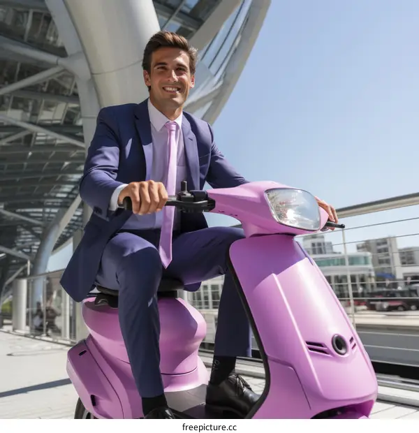 Young professional man in a suit riding a pink scooter