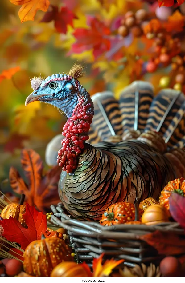 A Thanksgiving turkey sits in a basket of pumpkins and gourds.