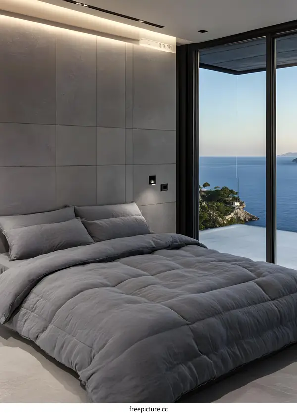 Modern Bedroom with Ocean View and Grey Bedding