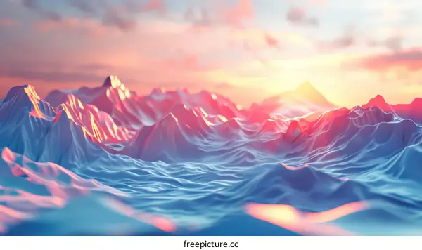 3D rendering of a mountainous landscape with a sunset