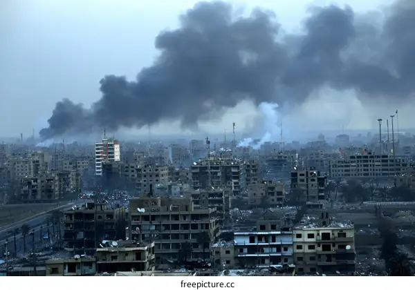 Destroyed buildings in Aleppo, Syria, after an airstrike