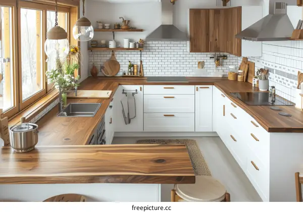 Rustic Farmhouse Kitchen With White Cabinets and Butcher Block Countertops