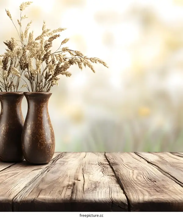 Rustic Wooden Table with Dried Flowers in Vases on Blurred Background