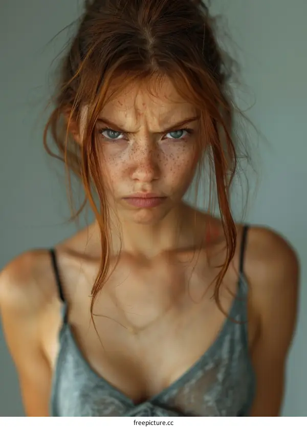 Close-up Portrait of a Caucasian Woman with a Serious Expression