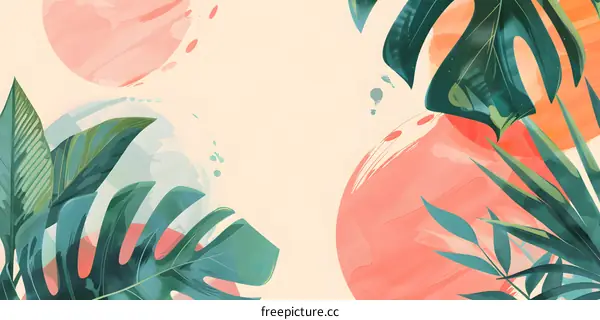 Tropical Leaves and Abstract Sunbursts Watercolor Illustration