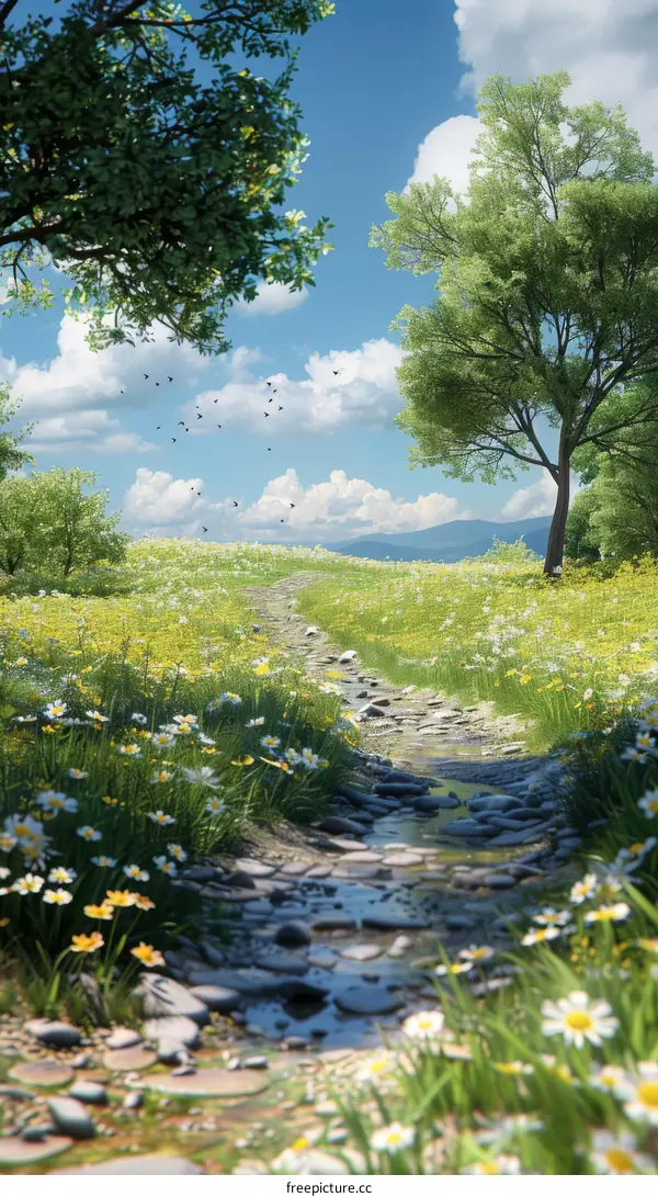 Stunning Nature Landscape with Trees, Flowers, and Sky