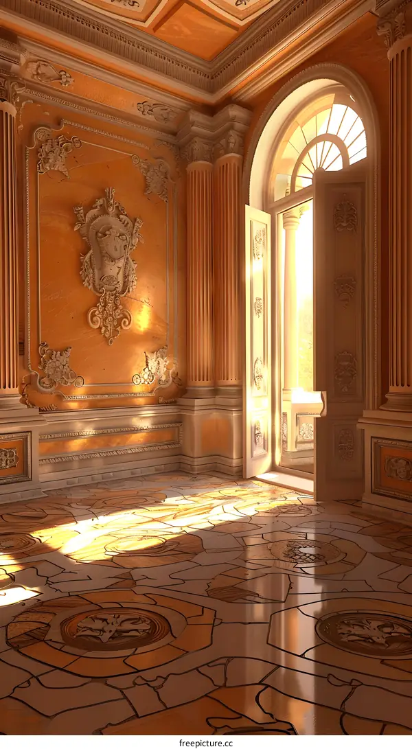 Classic  Room with Ornate  Decor and  Sunlight Streaming Through an Open Door