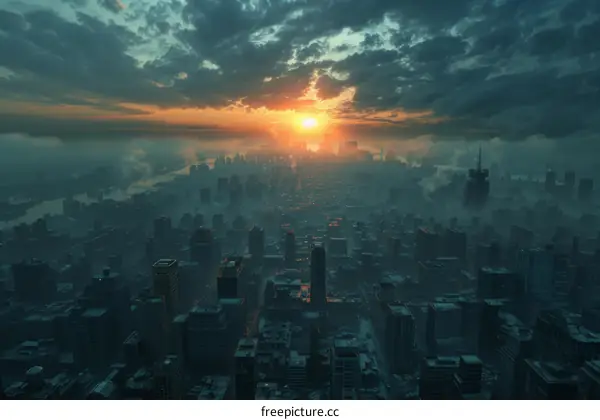 Apocalyptic City Sunset Aerial View