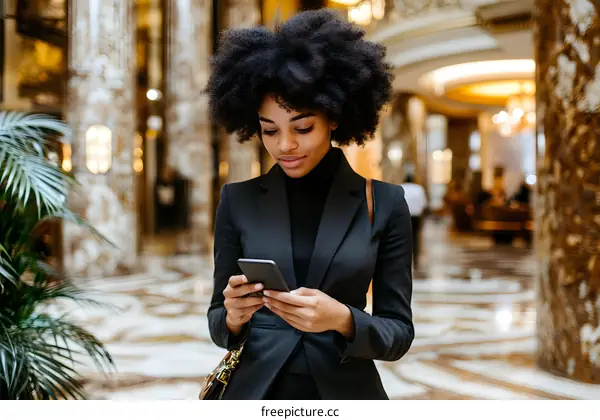 Young African American Businesswoman Using Phone in Hotel Lobby