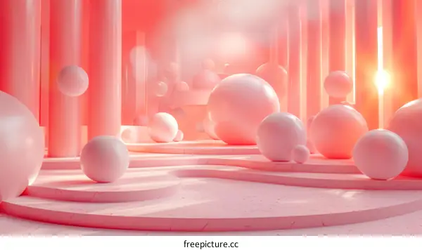 Pink Geometric Abstract Space with Floating Balls