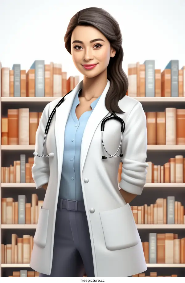 Asian female doctor in a white coat standing in a library