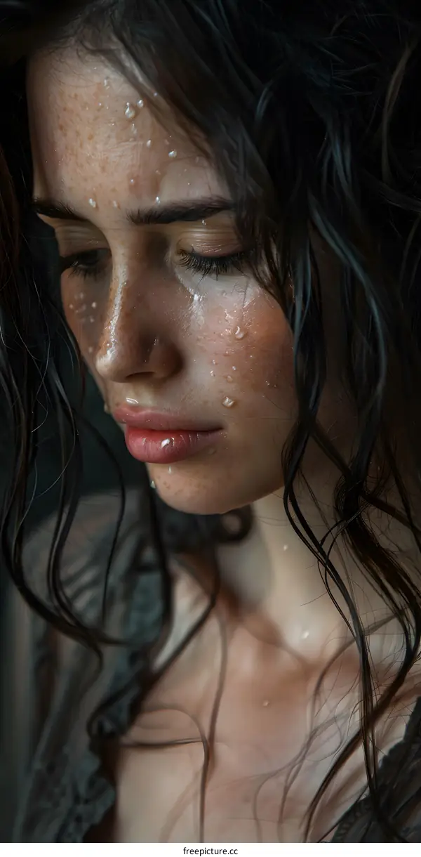Portrait of a Young Woman with Wet Hair and Water Droplets on Her Face