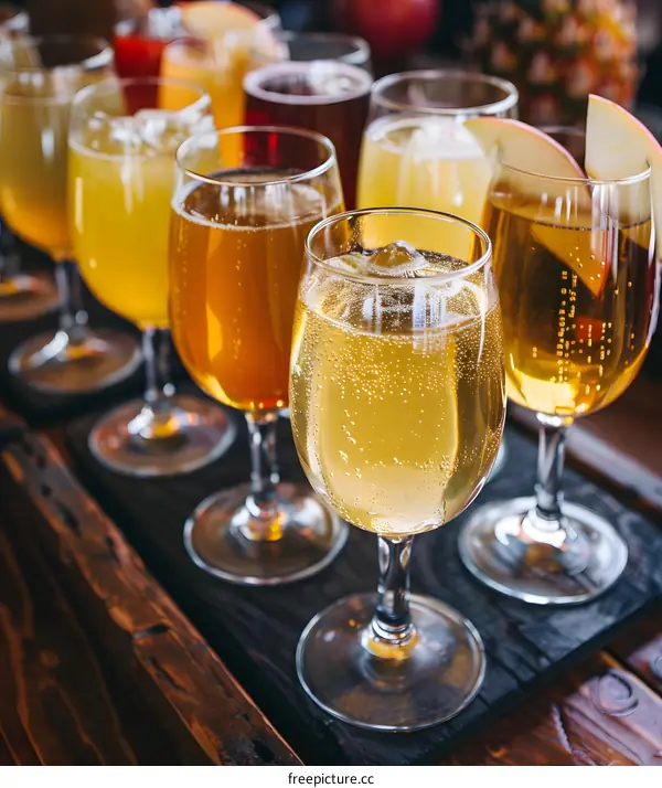 Row of Glassware Filled with Different Beverages on a Wooden Tray