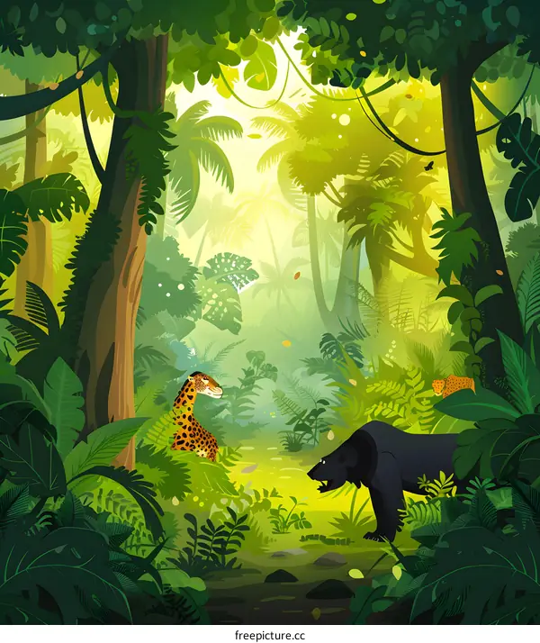 Jungle Landscape With Leopard And Bear